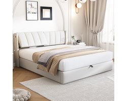 MODENUIT Gestoffeerd bed 140x190 cm – Zonder matras – Verstelbaar hoofdeinde met LED en USB-C – Opbergruimte – Wit