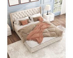 MODENUIT Gestoffeerd bed 160x200 cm – Met hoofdbord en lattenbodem – Knopen en siernagels – Houten poten – Zonder matras – Beige