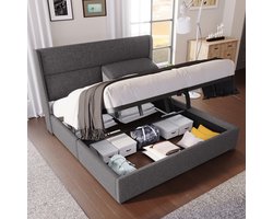 MODENUIT Gestoffeerd bed 180x200 cm – Verstelbare hoofdsteunen – Hydraulische opbergruimte – Metalen lattenbodem – Zonder matras – Grijs