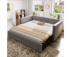 MODENUIT Gestoffeerd Bed 90x190 cm – Uitschuifbaar tot 180x190 cm – 2 Opberglades – Zonder matras – Katoen-linnen – Grijs
