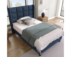 MODENUIT Gestoffeerd bed 90x200 cm – Eenpersoonsbed met hoog hoofdbord – Lattenbodem – Zonder matras – Linnen – Blauw