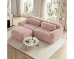 MODENUIT Hoekbank 2-Zits - Modulair Met Ottomaan En Kussens - Voor Woonkamer En Kleine Ruimtes - Pluche Roze