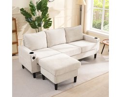 MODENUIT Hoekbank 202 x 137 cm - Usb- en Usb-C-Aansluitingen met Bekerhouders - Voor Woonkamer - Linnen Beige