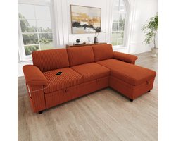 MODENUIT Hoekbank 214 cm - Uitklapbaar Met Opbergruimte En USB Type-C - Woonkamer En Slaapkamer - Corduroy - Oranje