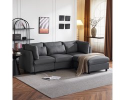 MODENUIT Hoekbank 220 x 83 x 81 cm - Verplaatsbare Hocker en Hoge Rugleuning - Voor Woonkamer - Linnen Grijs