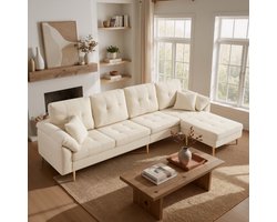 MODENUIT Hoekbank 250 Cm - 4-Zits Met Losse Hocker - L-vorm Links of Rechts - Ribfluweel Lichtbeige