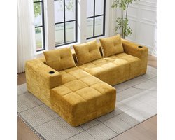 MODENUIT Hoekbank 258 cm - L-Vorm met Diepe Zitting en Bekerhouders - Voor Woonkamer en Wachtkamer - Chenille Geel