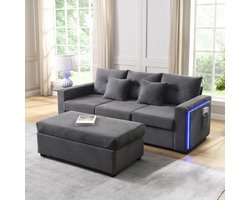 MODENUIT Hoekbank 3-Zits Met Hocker - Ledverlichting En L-Vorm Met Zijvakken - Voor Woonkamer - Ribstof - Antiekgrijs