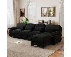 MODENUIT Hoekbank 336 x 161 x 94 cm - Vier Zitplaatsen Met Hocker - Woonkamer - Ribfluweel - Zwart