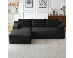 MODENUIT Hoekbank - L-Vormig Met Slaapfunctie 4-Zits - Voor Woonkamer - Ribfluweel Zwart - 238x152x66 Cm