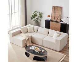 MODENUIT Hoekbank - Modulaire L-Vorm Met 4 Zitplaatsen - Woonkamer - Ribfluweel - Beige - 264x167x71 Cm
