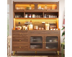 MODENUIT Hoge Kast - Hefdeur Met LED-Verlichting - Keuken En Woonkamer - MDF Glas - 145x39x171 cm - Walnoot