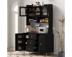 MODENUIT Hoge Kast - Met Geribbeld Glas, 3 Lades en Gatenbord - Voor Keuken en Eetkamer - MDF - Zwart - 120x40x190 cm