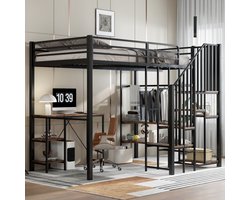 MODENUIT Hoogslaper 120x200 cm – Met Bureau, Open Kast en Opbergtrap – Metaal en MDF – Zonder matras – Zwart
