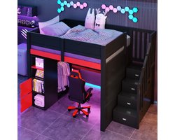 MODENUIT Hoogslaper 140x200 cm – met Bureau en Led-verlichting – Opbergtrap en Open Kast – Hout – Zonder matras – Zwart/Rood