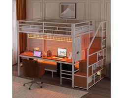 MODENUIT Hoogslaper 140x200 cm – Met Bureau, Ledverlichting en Stopcontacten – Onderbed 90x200 cm – Zonder matras – Wit