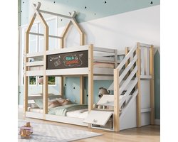 MODENUIT Hoogslaper 90x200 cm – Boomhuisbed met krijtbord en trapkast – Met uitvalbeveiliging – Zonder matras – Wit