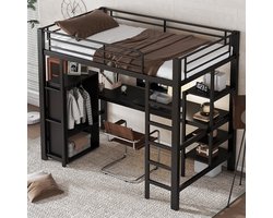 MODENUIT Hoogslaper 90x200 cm – Met Bureau, Kast en 3 Opbergvakken – 5-treeds Ladder – Metaal en MDF – Zonder matras – Zwart