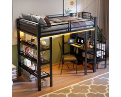 MODENUIT Hoogslaper 90x200 cm – Met bureau, kast en opbergplanken – Ledverlichting en stopcontact – Zonder matras – Zwart