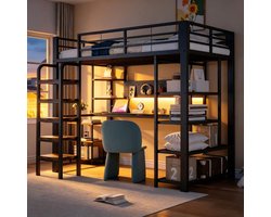 MODENUIT Hoogslaper 90x200 cm – Met bureau, ledverlichting en stopcontacten – Opbergrek – Zonder matras – Zwart