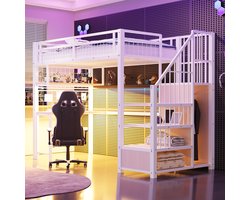 MODENUIT Hoogslaper 90x200 cm – Met bureau, lichtbalk en stopcontacten – Opbergtrap en kast – Metaal en MDF – Zonder matras – Wit