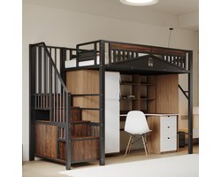 MODENUIT Hoogslaper 90x200 cm – Met Veiligheidshek met Venster – Trap met Opbergruimte en Kast – Zonder matras – Zwart
