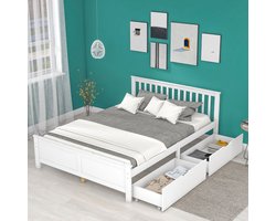 MODENUIT Houten bed 140x200 cm – Tweepersoonsbed met 2 lades – Lattenbodem en middenpoot – Zonder matras – Wit