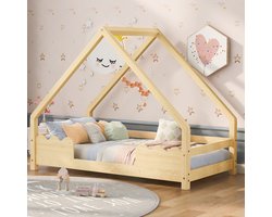 MODENUIT Huisbed 90x200 cm – Kinderbed met uitvalbeveiliging – Inclusief lattenbodem – Massief Grenenhout – Zonder matras – Naturel