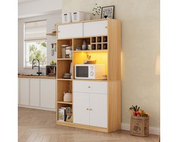 MODENUIT Keukenkast - Met Led, Lade En 3 Deuren - Voor Keuken En Eetkamer - Wit/Naturel - 115x35x180 Cm