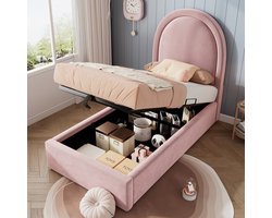 MODENUIT Kinderbed 90x190 cm – Gestoffeerd Bed met Halfrond Hoofdbord – Hydraulische Opbergruimte – Zonder matras – Roze