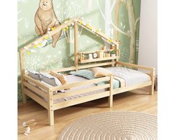 MODENUIT Kinderbed 90x200 cm – Huisbed met Boekenrek – Veiligheidshek – Verwisselbare Voorzijde – Grenenhout – Zonder matras – Naturel