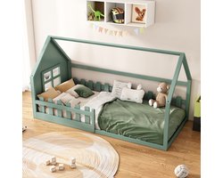 MODENUIT Kinderbed 90x200 cm – Huisvormig laag bed – Met lattenbodem – Zonder matras – Grenenhout en MDF – Groen