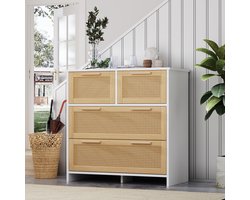 MODENUIT Ladekast - 4 Laden Met Rotan Fronten - Voor Slaapkamer En Hal - MDF In Naturel En Wit - 80x38x80 Cm