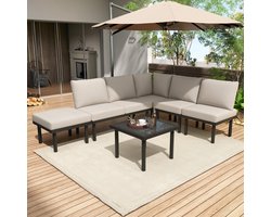 MODENUIT Loungeset 6-Delig - Met Glazen Tafelblad en Verstelbare Voeten - Voor Tuin en Terras - Olefin Beige