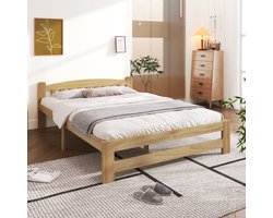 MODENUIT Massief Houten Bed 140x200 cm – Tweepersoonsbed met Hoofdbord – 15 Latten en Middensteun – Zonder matras – Naturel