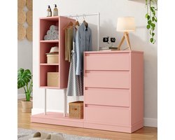 MODENUIT Opbergkast - 4 Lades, 3 Open Vakken En Kledingroede - Voor Slaapkamer En Hal - Roze Wit - 100x40x135 Cm