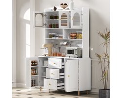 MODENUIT Opbergkast - Met Geribbeld Glas, Pegboard En 3 Laden - Voor Keuken En Eetkamer - MDF Wit - 120x40x190 Cm