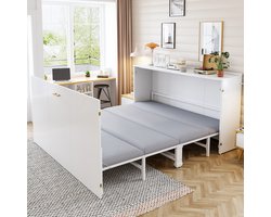 MODENUIT Opklapbed 140x200 cm – Uitschuifbaar kastbed met metalen frame – Met matras – Stille wielen – Hout en metaal – Wit