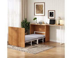 MODENUIT Opklapbed 90x200 cm – Draaibaar Bureau – Verrijdbaar Kastbed – Ruimtebesparend – Metaal en Hout – Met matras – Naturel