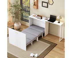 MODENUIT Opklapbed 90x200 cm – Draaibaar Bureau – Verrijdbaar Kastbed – Ruimtebesparend – Metaal en Hout – Met matras – Wit