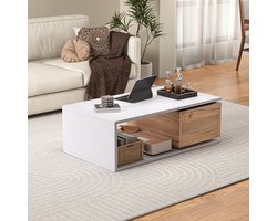 MODENUIT Salontafel - Draaibare Lade En Open Opbergruimte - Voor Woonkamer - MDF - 90x50x30 cm - Wit Eiken