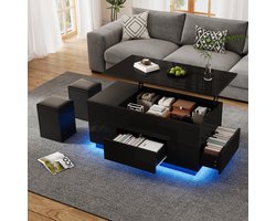 MODENUIT Salontafel - Hefbaar Met Led En 2 Laden - Voor Woonkamer - Zwart Spaanplaat - 100x50x45 Cm