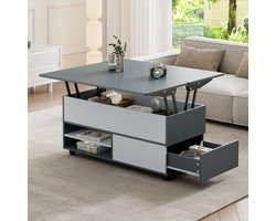 MODENUIT Salontafel - Hefbaar Tafelblad Met Opbergruimte En Wielen - Voor Woonkamer - Spaanplaat - Grijs Wit
