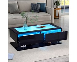 MODENUIT Salontafel - Hoogglans Met LED En 2 Lades - Voor Woonkamer - Spaanplaat En Gehard Glas - 100x50x35 cm - Zwart