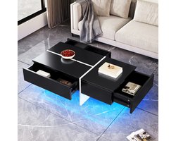 MODENUIT Salontafel - Hoogglans Met Led En 3 Lades - Voor Woonkamer En Zithoek - Zwarte Spaanplaat - 100x50x34,5 Cm