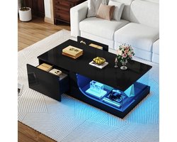 MODENUIT Salontafel - Met LED, 2 Lades En Glasplaat - Voor Woonkamer En Werkkamer - MDF En Glas - 100x50x30 Cm - Zwart