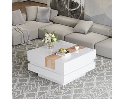 MODENUIT Salontafel - Uitschuifbaar Met Verborgen Opbergruimte - Voor Woonkamer - Wit Spaanplaat - 70x70x39 Cm