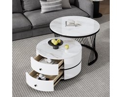 MODENUIT Salontafelset - 2 Ronde Tafels Met 2 Lades - Voor Woonkamer - MDF Met Hoogglans Marmerlook - Wit