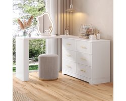 MODENUIT Schminktafel - Draaibaar Met Led-spiegel - Voor Slaapkamer En Kantoor - Wit-goud - 110x40x129 Cm