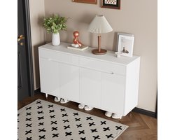 MODENUIT Schoenenkast - 2 Deuren En 2 Laden - Voor Hal En Entree - Spaanplaat In Wit En Goud - 140x39x84 Cm